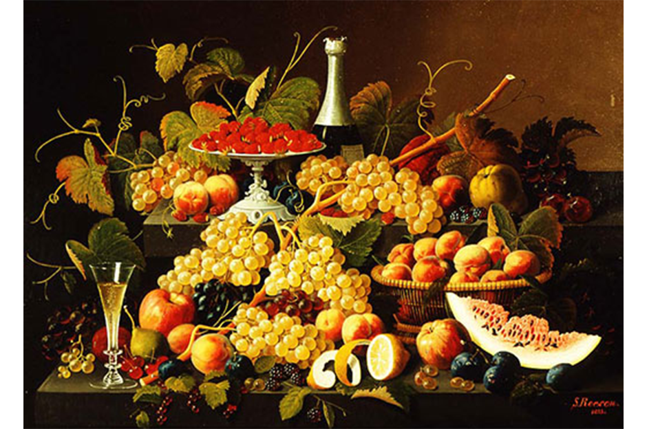 Severin Roesen (American, 1847 – 1871), Still Life with Fruit and Champagne, 1853 oil on canvas, 30 x 44 in, museum purchase, 82.53  Shared Traditions: Ritual