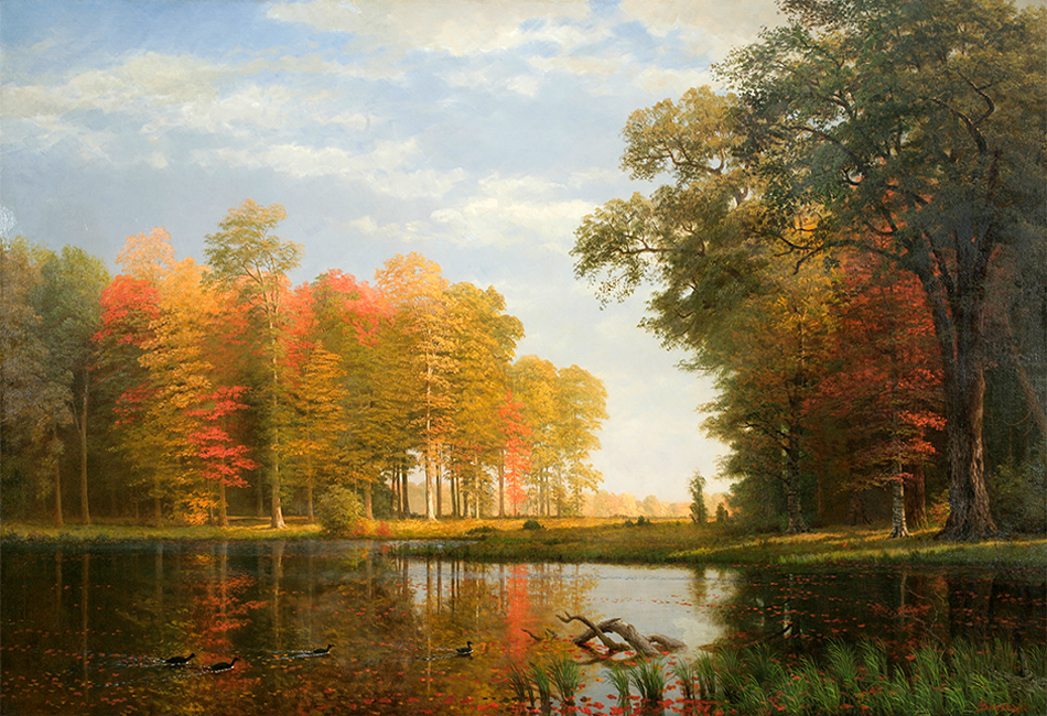 painting of lake and landscapes - Albert Bierstadt, Autumn Woods, 1886, Oil on linen, Overall (linen): 54 x 84 in. (137.2 x 213.4 cm), Framed: 64 3/4 in. × 7 ft. 10 3/4 in. × 3 1/4 in. (164.5 × 240.7 × 8.3 cm)