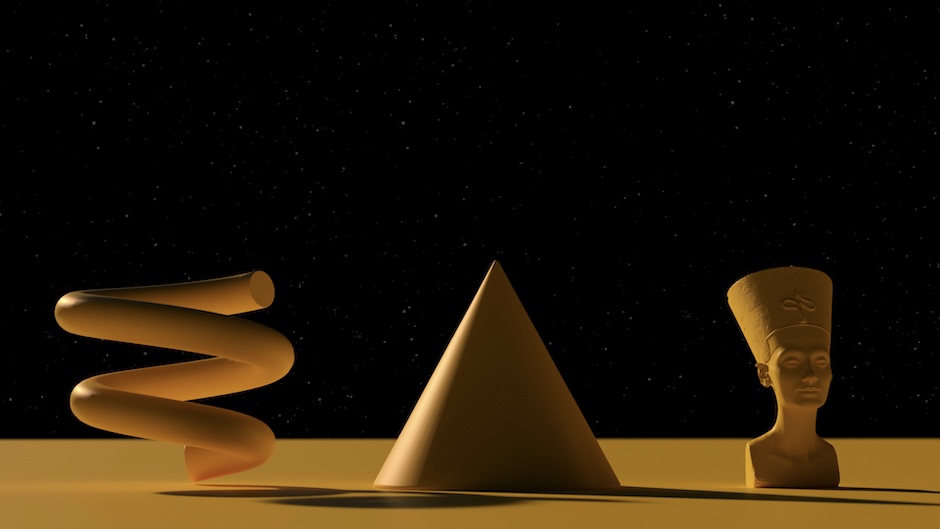 vertical squiggle, pyramid, and pharoah bust in front of a starry background