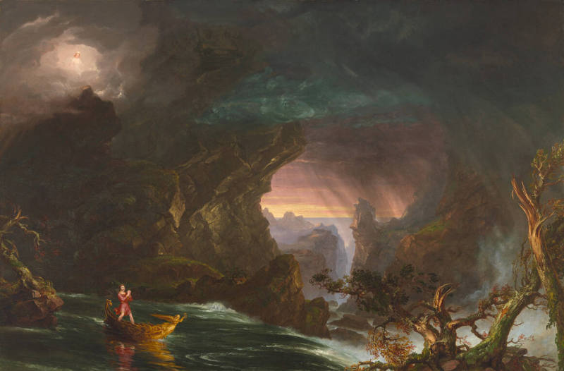 Painting of a river with an angel, person on a boat, and dark storms in the sky.