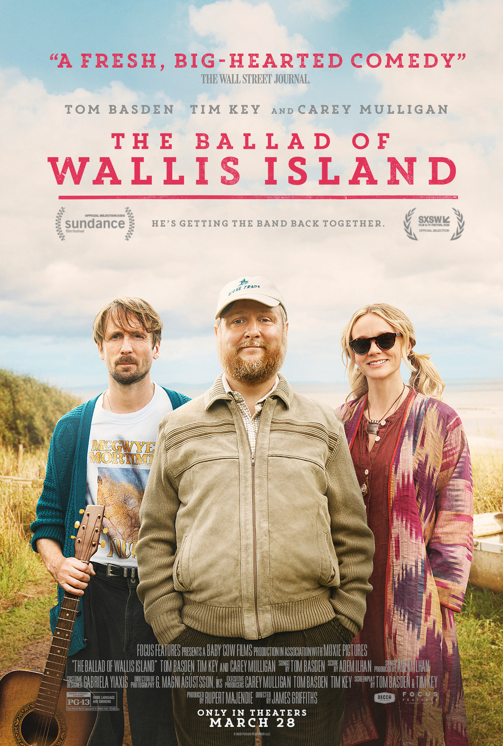 Film poster for The Ballad of Wallis Island, family on beach with sea grass