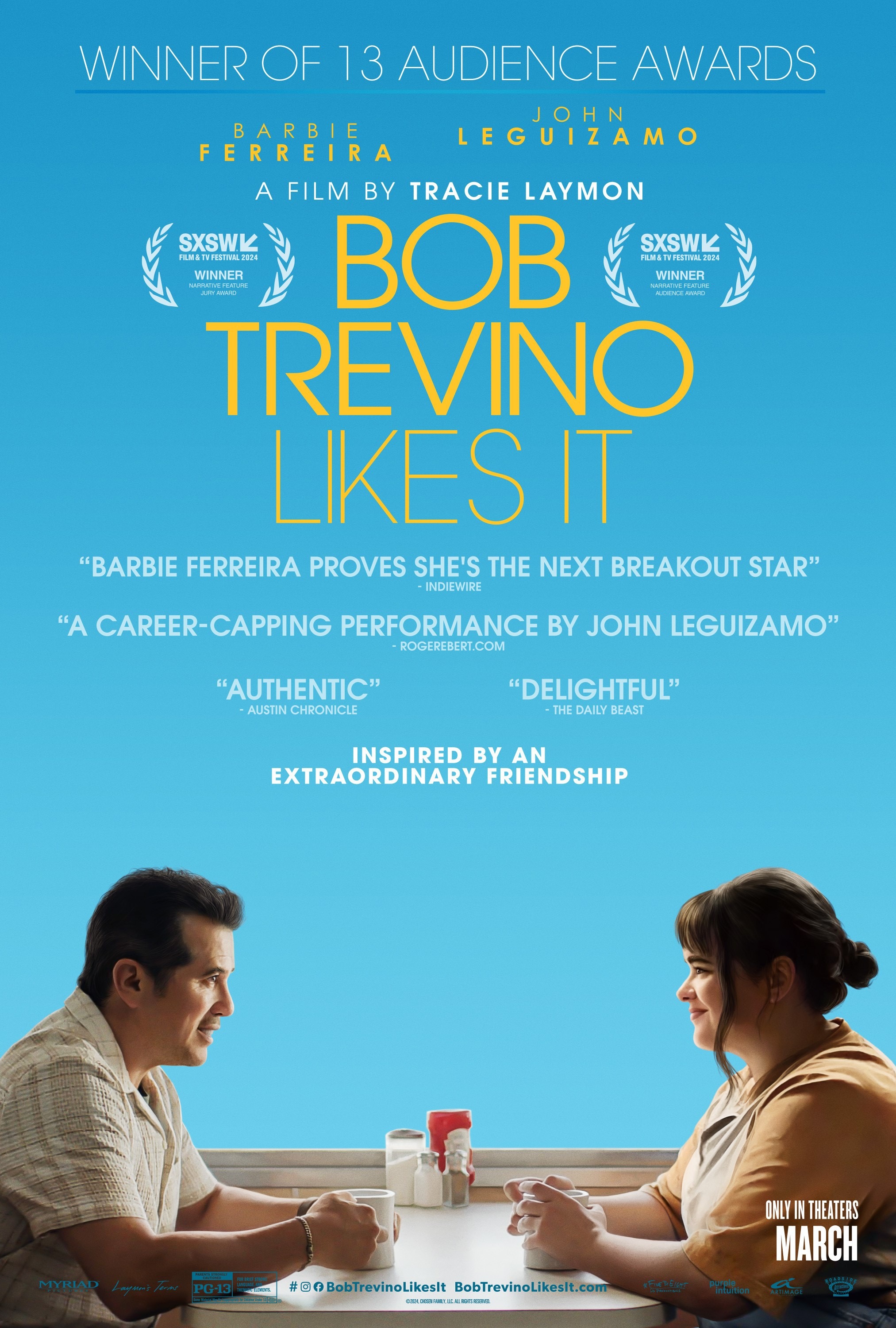 Film poster for Bob Trevino Likes It blue background woman and man sit across from each  at booth table