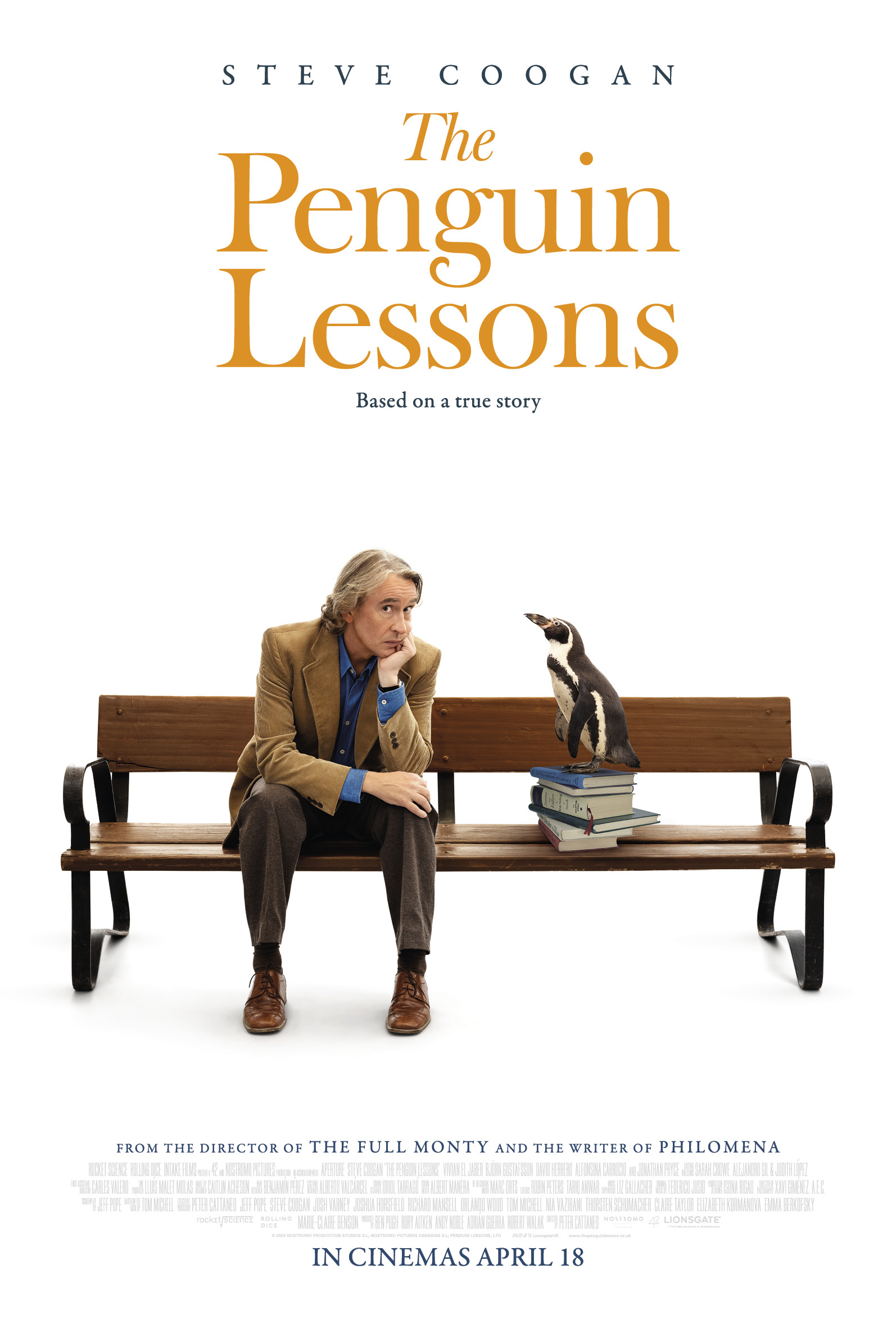 film poster for The Penguin Lessons, man on park bench with penguin