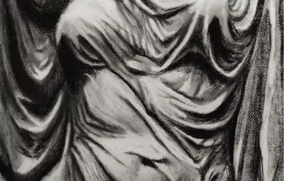 charcoal drawing of a draped female figure