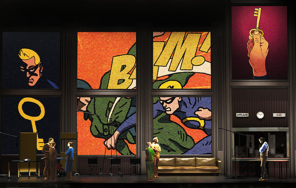 men on a stage performing an opera about a comic book being created