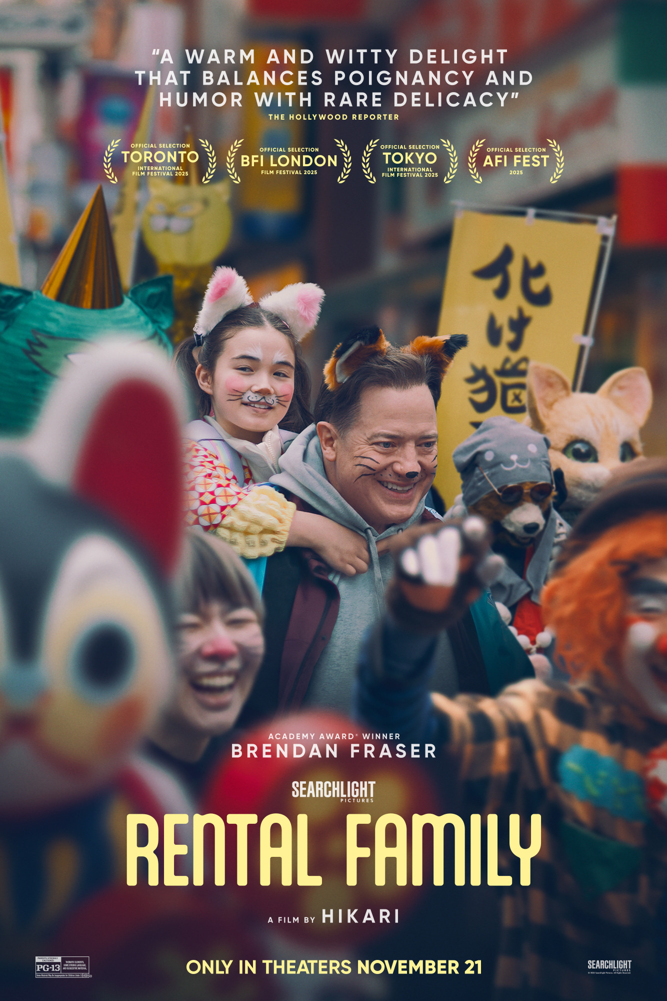 Rental family movie poster, man with cat ears walking through parade