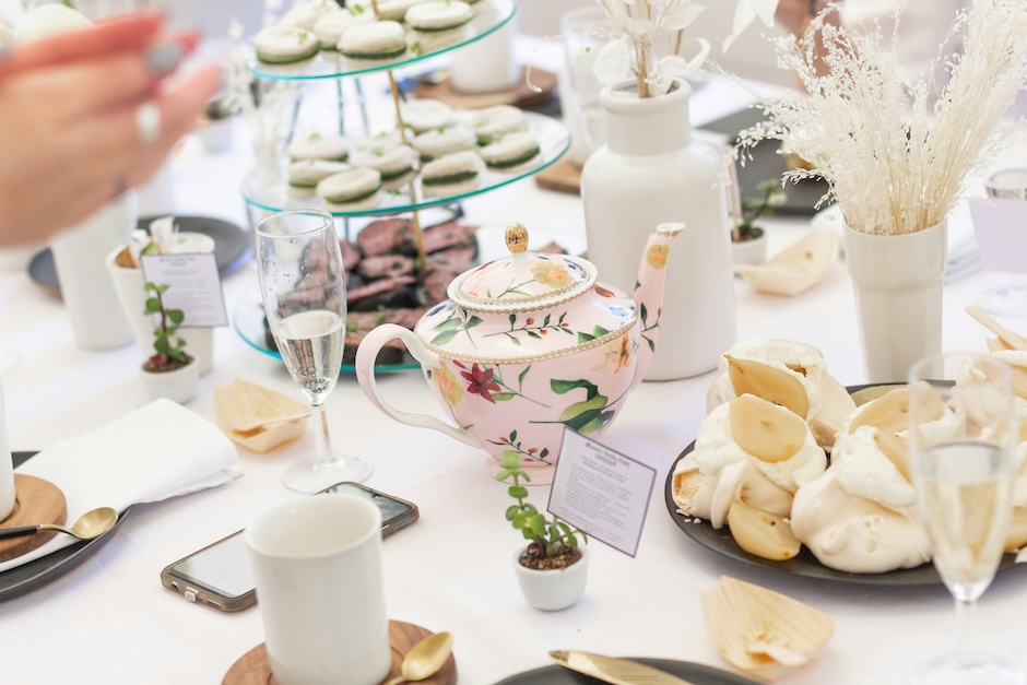afternoon tea table with food and drinks